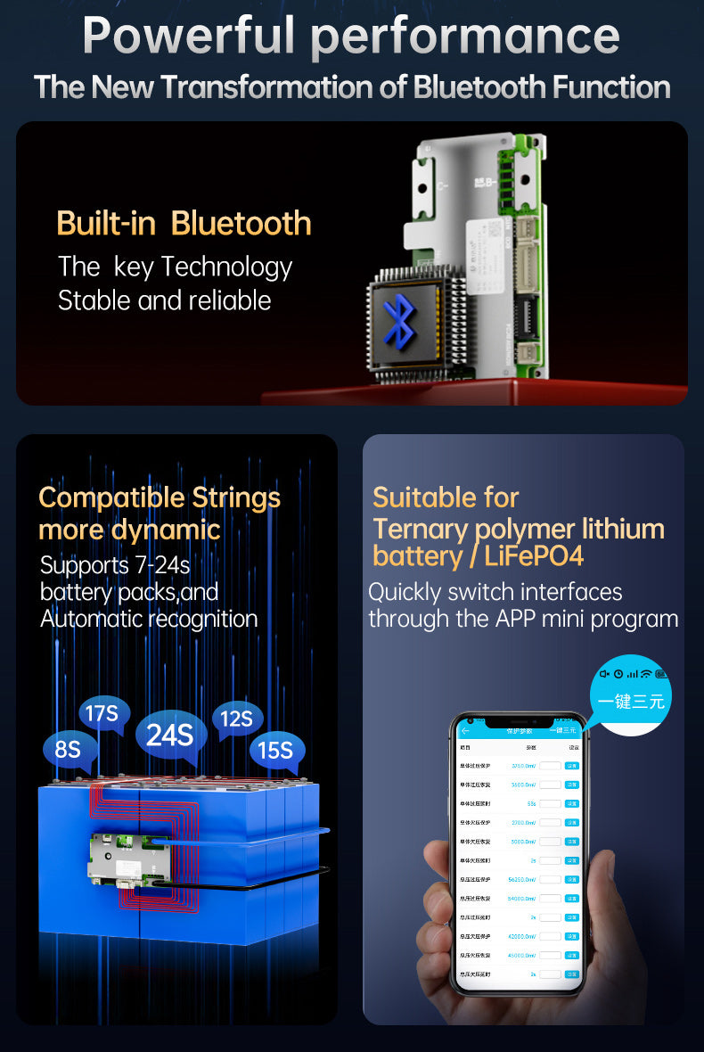 JBD Smart BMS 7-24S 40A 50A 60A 80A with Built-in Blutooth, Heating function,Supports 7-24 strings, with a maximum of 20 strings in LI-ION Jiabaida BMS