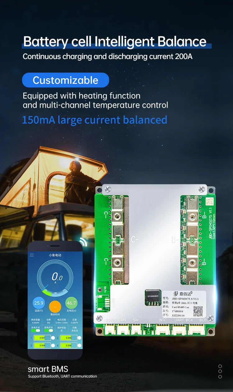 JiaBaiDa 3.2V LiFePO4 3.7V Li-ion Smart BMS 3S 4S 50A 100A 150A 200A UART RS485 CAN Series Connect Jiabaida BMS