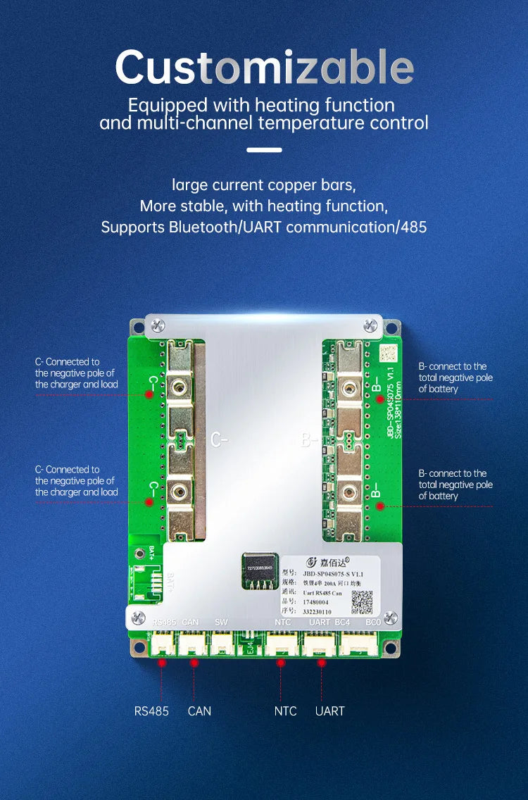 JiaBaiDa 3.2V LiFePO4 3.7V Li-ion Smart BMS 3S 4S 50A 100A 150A 200A UART RS485 CAN Series Connect Jiabaida BMS