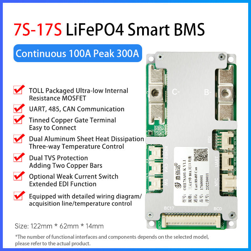 JBD Smart BMS 7-17S 40A  60A 80A 100A 120A  for Lithium Battery with  UART  RS485 CAN Function Auotmatically Identify String Compatible Jiabaida BMS
