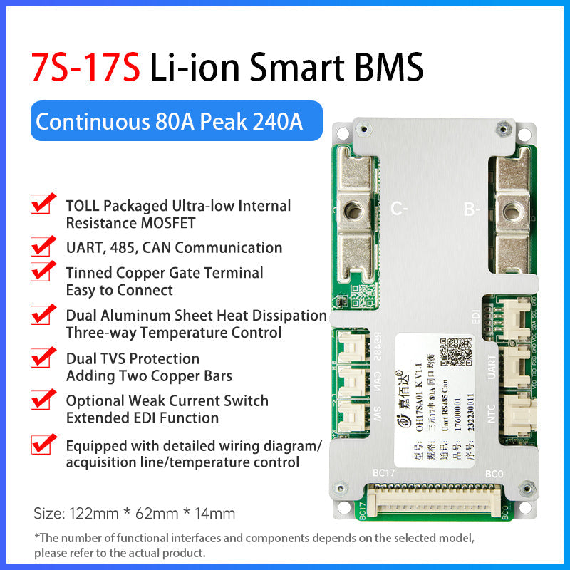 JBD Smart BMS 7-17S 40A 60A 80A 100A 120A for Lithium Battery with UART RS485 CAN Function Auotmatically Identify String Compatible Jiabaida BMS