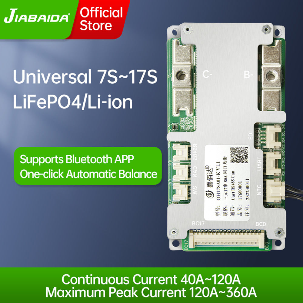 JIABAIDA JBD-SP-17S005 Smart BMS – 10S-17S, 40A (120A) Mit Bluetooth & RS485, Für Li-Ion/LiFePO4