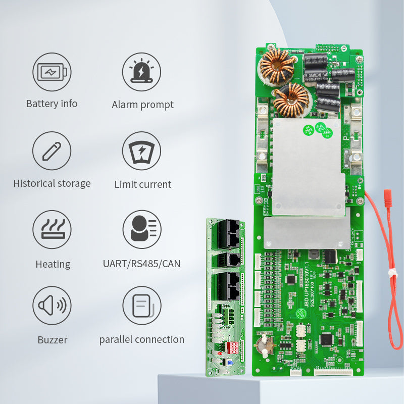 JBD Smart BMS 15S 16S 100A 50A~100A Communicant PCB with UART/RS485/CAN Function for Inverters Parallel Connect Support Same Port Unique SOC Display with Pre-discharge Heat and Buzzar Functions Jiabaida BMS