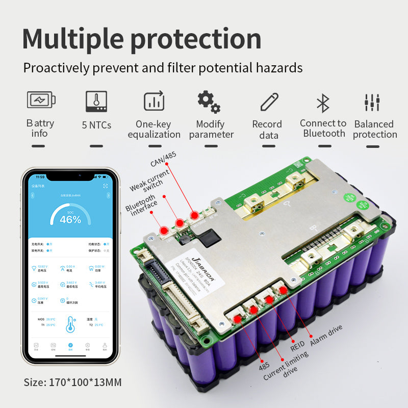 JBD Smart BMS 8-24S 50A 60A 80A 100A 120A 150A 200A for Lithium Battery with Optional UART RS485 CAN Function Auotmatically Identify String Compatible with Buzzer LCD Screen for Indian AIS Standard Jiabaida BMS