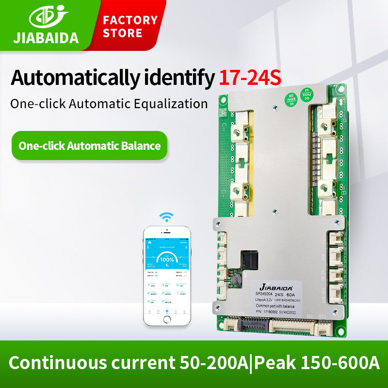 JBD Smart BMS 8-24S 50A 60A 80A 100A 120A 150A 200A for Lithium Battery with Optional UART RS485 CAN Function Auotmatically Identify String Compatible with Buzzer LCD Screen for Indian AIS Standard Jiabaida BMS